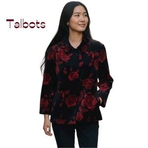 Talbots Black W Red Floral Cotton Velvet Jacket Size 10